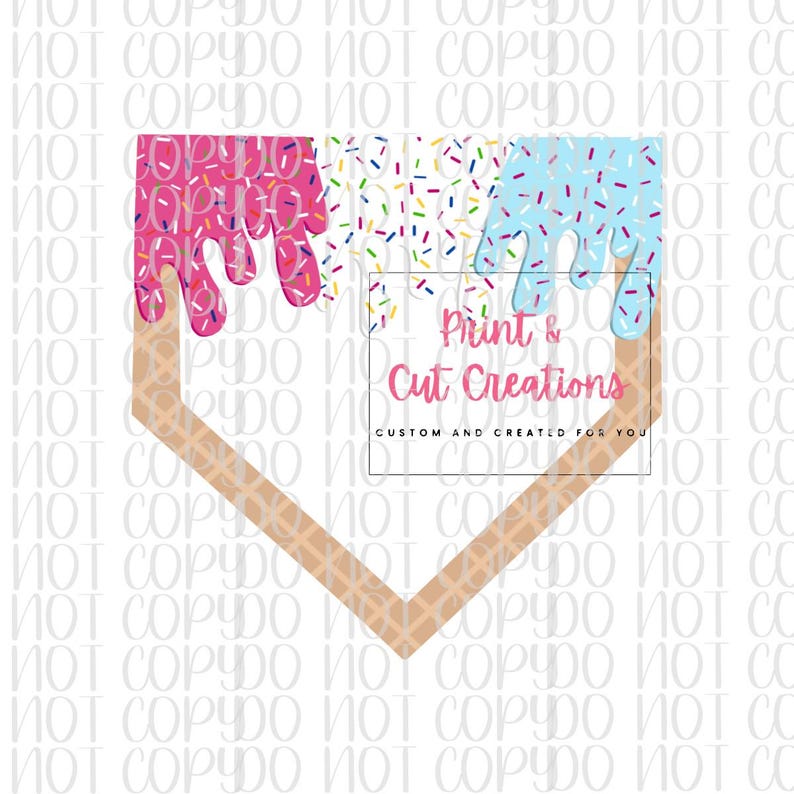 May include: A decorative sign in the shape of a baseball home plate, featuring dripping ice cream in pink, white, and blue with colorful sprinkles. The sign includes the text "Print & Cut Creations."