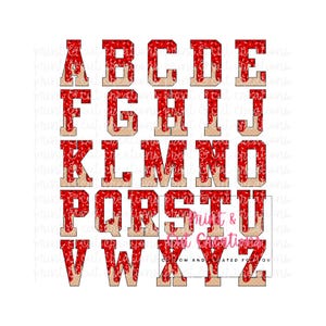 May include: Red and white alphabet letters with a red and white sprinkle pattern. The letters have a dripping red icing effect.