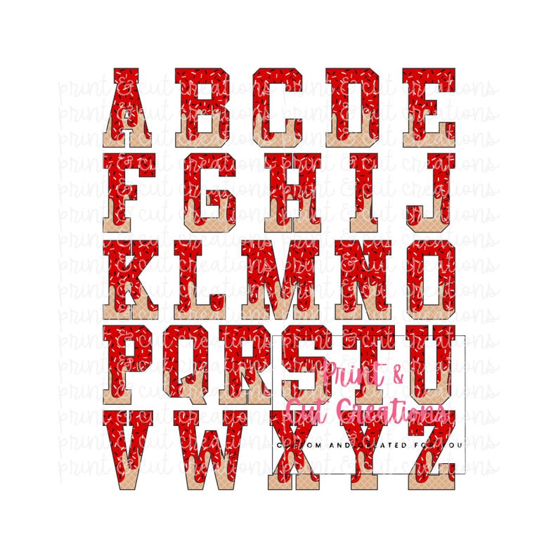 May include: Red and white alphabet letters with a red and white sprinkle pattern. The letters have a dripping red icing effect.