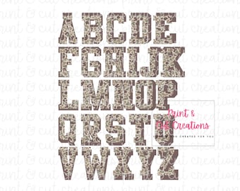 May include: A full alphabet in capital letters, each letter featuring a camouflage pattern in shades of brown, tan, and green. The letters have a blocky, collegiate style. The image includes the text "Print & Cut Creations" and "Custom and Created for You."
