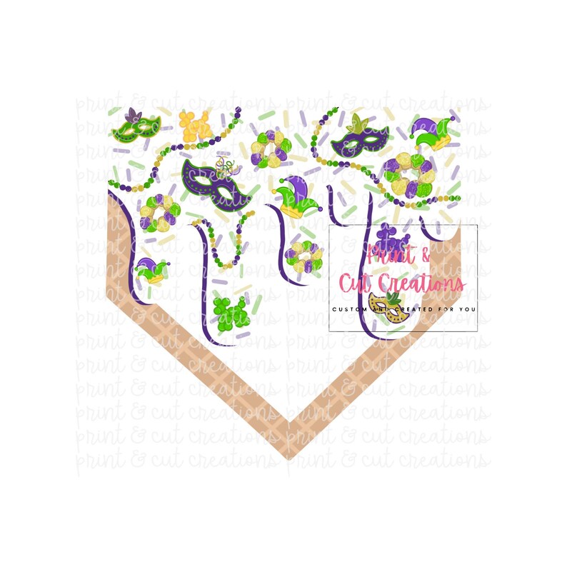May include: A white background with a brown and white waffle cone shape. The cone is filled with purple, green, and gold Mardi Gras themed decorations, including masks, beads, and confetti.