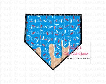 May include: A blue and white baseball home plate shaped cookie with red, white, and blue sprinkles. The cookie is dripping with blue icing and has a waffle cone texture. The text "Print & Cut Creations" is in the bottom right corner of the image.