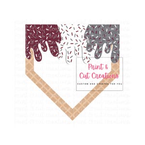 May include: A digital design of a heart-shaped waffle cone with three scoops of ice cream in burgundy, white, and gray with sprinkles. The text "Print & Cut Creations" is below the cone.