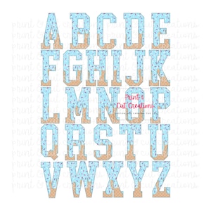 May include: An alphabet of letters in a blue and brown ice cream cone design with sprinkles. The letters are in a block font style.
