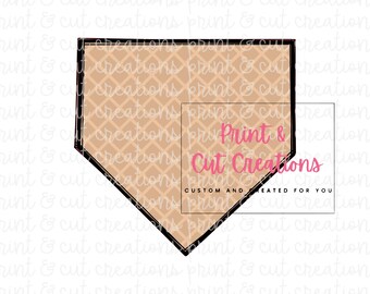 May include: A black and white baseball home plate shape with a waffle pattern inside. The text "Print & Cut Creations" is in pink letters with the words "CUSTOM AND CREATED FOR YOU" below it.