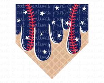 Puede incluir: Un diseño con temática de béisbol con fondo azul, estrellas blancas y costuras rojas. El diseño tiene un efecto de goteo con contornos blancos y un patrón de gofre beige en la parte inferior. El texto "cut creations print & cut creation" es visible.