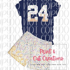 May include: Navy blue t-shirt and shorts set. The t-shirt features the number 24 in a design with sprinkles and waffle cone accents. The shorts have a white background with colorful sprinkles and waffle cone edges. The text "Print & Cut Creations" is visible.