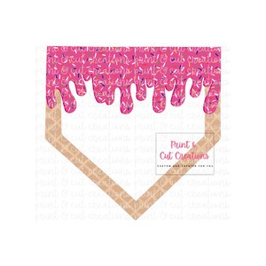 May include: A pink and white waffle cone with pink frosting and colorful sprinkles dripping down the sides. The waffle cone is in the shape of a heart. The text "Print & Cut Creations" is at the bottom of the image.