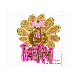Op de afbeelding: Een Thanksgiving-ontwerp met een bruine en gouden glitterkalkoen met roze accenten en het woord "Thankful" in roze glitterletters.