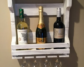 Wine Rack Distressed Weathered White Farmhouse Style Reclaimed Wood Rustic Decor   Holds (4) Bottles (4) Glasses Country