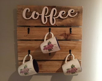 Coffee Cup Rack, Distressed Weathered Brown Farmhouse Decor Coffee Sign with Hooks, Coffee Cup Mug Hanger, Rustic Kitchen