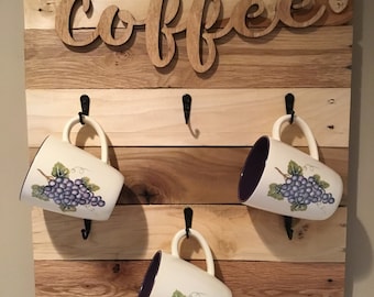 Coffee Cup Rack, Distressed Weathered Brown  Farmhouse Decor Coffee Sign with Hooks, Coffee Cup Mug Hanger, Rustic Kitchen