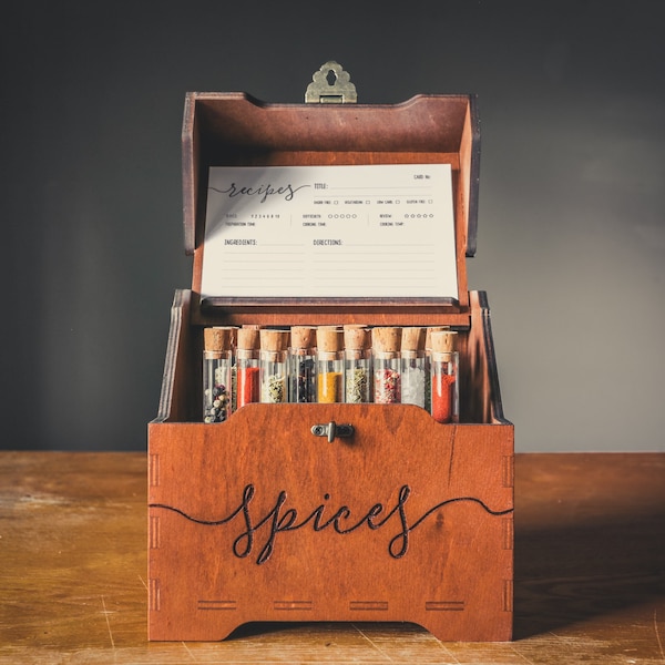 Personalized Spice Box Organizer - Wooden box, Spice rack, Storage box, Decorative box with 18 test tubes for spice organization