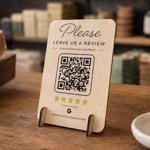 Googleレビューサイン「スキャンミー」QRコードスタンド、カスタムビジネスロゴディスプレイ、木製「私たちとつながりましょう」プレート