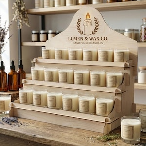 3 Tier Candle Stand - Wood Countertop Display Riser, Collapsible Vendor Display for Craft Fairs, Soap & Candle Display Rack for Jars