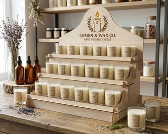 3 Tier Candle Stand - Wood Countertop Display Riser, Collapsible Vendor Display for Craft Fairs, Soap & Candle Display Rack for Jars