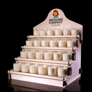 Expositor de 4 niveles para vendedores: plataforma de madera para ferias de artesanía, tiendas minoristas, jabones, velas, frascos y ceras fundidas.