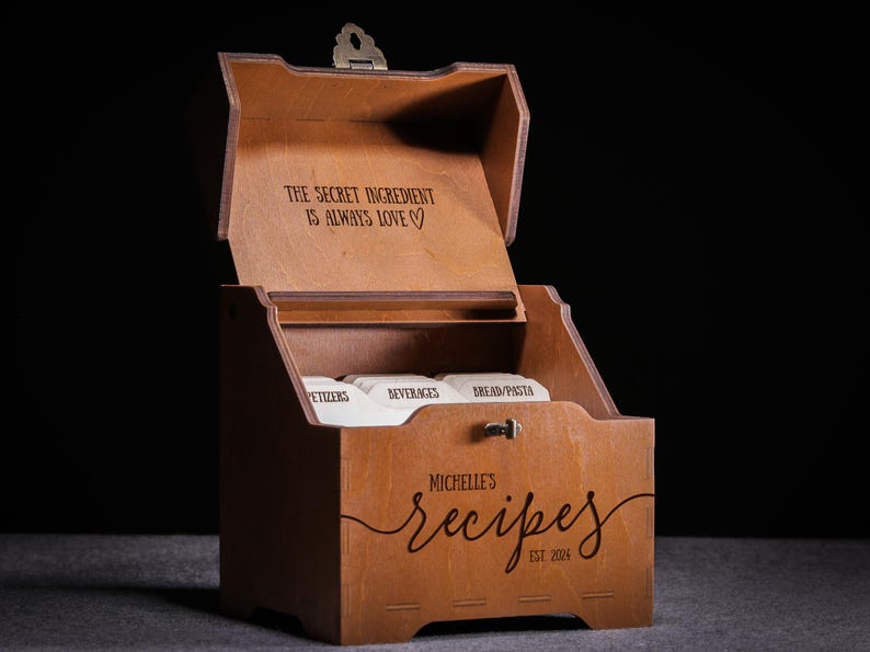 Personalized wooden recipe box with dividers for 4x6 recipe cards, ideal for family recipes