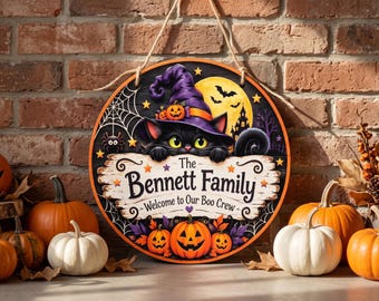 Custom Halloween Door Hanger, Personalized Halloween Decor Family Name, Fall Porch Sign, Autumn Wood Wreath, Indoor Outdoor Art