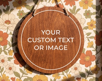 Custom Hanging Sign Round, Personalized Wood Plaque Door Hanger, Text Decor for Office, Man Cave & Business Logo