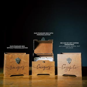 Engraved recipe box with recipe dividers, eco-friendly wood finish for wedding gifts