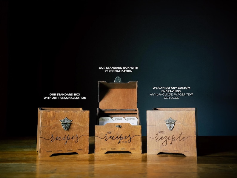 Engraved recipe box with recipe dividers, eco-friendly wood finish for wedding gifts