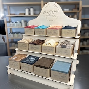 Soap Display Stand: Custom 3-Tier Wooden Vendor Shelf, Tabletop Soap Rack with Compartments for Craft Shows and Retail Displays
