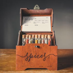 Personalized Spice Box Organizer - Wooden box, Spice rack, Storage box, Decorative box with 18 test tubes for spice organization