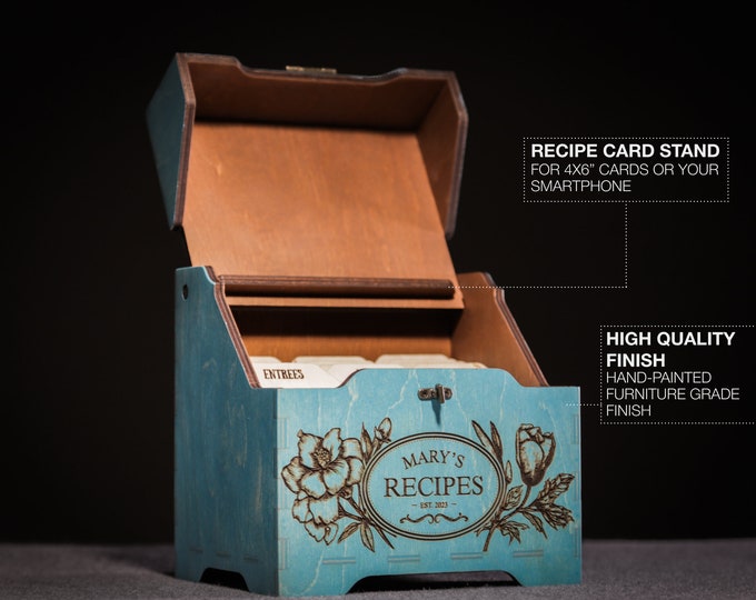 Wooden Recipe Box with Dividers, Recipe Card Box, Personalized Gift, Custom Recipe Box, Floral Recipe Box