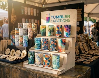 Tumbler Display Stand for Markets & Shops - Tiered Countertop Cup Rack for Craft Fairs, Pop up Shops, Vendor Booths, Retail Counters