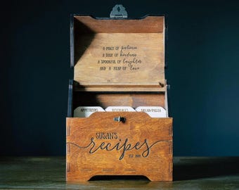 Wooden Personalized Recipe Box w/ 4x6 Recipe Card Dividers & Recipe Card Holder, Wedding Gift for Her Bridal Shower, Housewarming Gift