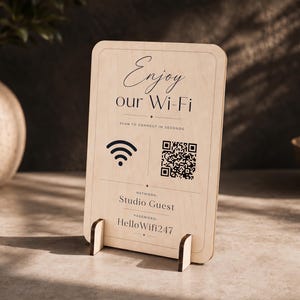 Cartello Wi-Fi con codice QR, cartello in legno personalizzato con password per Airbnb, supporto per display "Scansiona con me", targa da tavolo