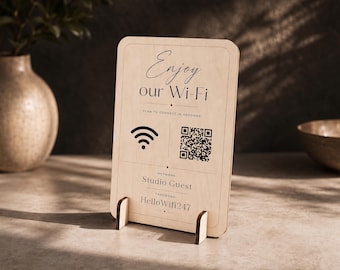 Wifi Sign with QR Code, Custom Wooden Password Sign for Airbnb, Scan Me Display Stand, Table Plaque