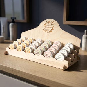 Exhibidor de lata de 4 oz - Estante de mostrador para bálsamos y ungüentos labiales, stand para ferias de artesanía, estante de exhibición de mercado, latas para velas en frascos