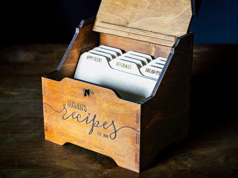 Vintage-style recipe card box with built-in holder and customizable labels for dishes