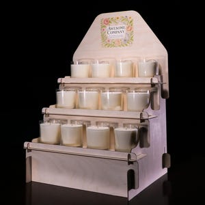 Expositor de jabón de 3 niveles: estante de madera para velas, ideal para ferias de artesanía y mostradores.