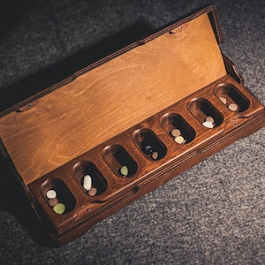 Wooden Pill Box Organizer with Lid, Magnets, Custom Engraving