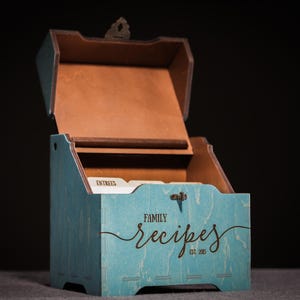 Blue Custom Recipe Card Box - Personalized 4x6 Recipe Box, Wooden Recipe Card Holder with Dividers, Rustic Kitchen Decor for Family Heirloom