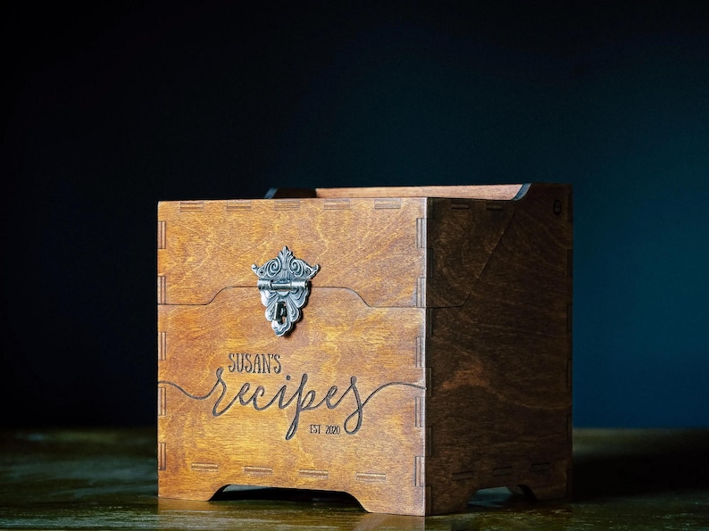 Customizable engraved recipe box with eco-friendly wood wax finish and recipe cards