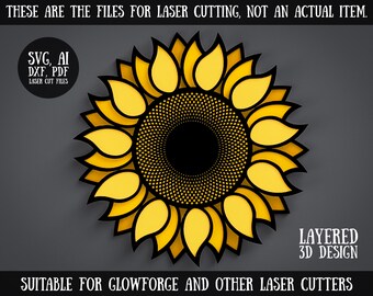 Może przedstawiać: Warstwowy projekt 3D słonecznika z czarnymi konturami i żółtymi płatkami. Projekt nadaje się do cięcia laserowego i jest dostępny w formatach SVG, AI, DXF i PDF. "To są pliki do cięcia laserowego, a nie rzeczywisty przedmiot."