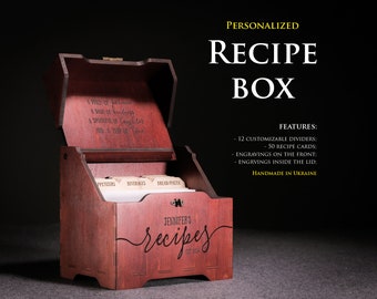 Rote Rezeptbox mit Teilern, personalisierte Rezeptkartenbox, benutzerdefinierte Rezeptbox aus Holz und Karten 4x6 Zoll, stilvolle Rezeptbox mit Gravur