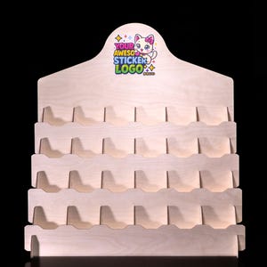 Front view of four-row rack with twenty-four pockets for sticker cards.