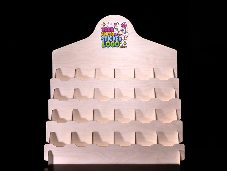 Front view of four-row rack with twenty-four pockets for sticker cards.
