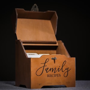 Gepersonaliseerde familiereceptendoos - op maat gemaakte houten opberger voor receptenkaarten met vintage design, houder voor 300 kaarten, ideaal voor keuken en cadeaus