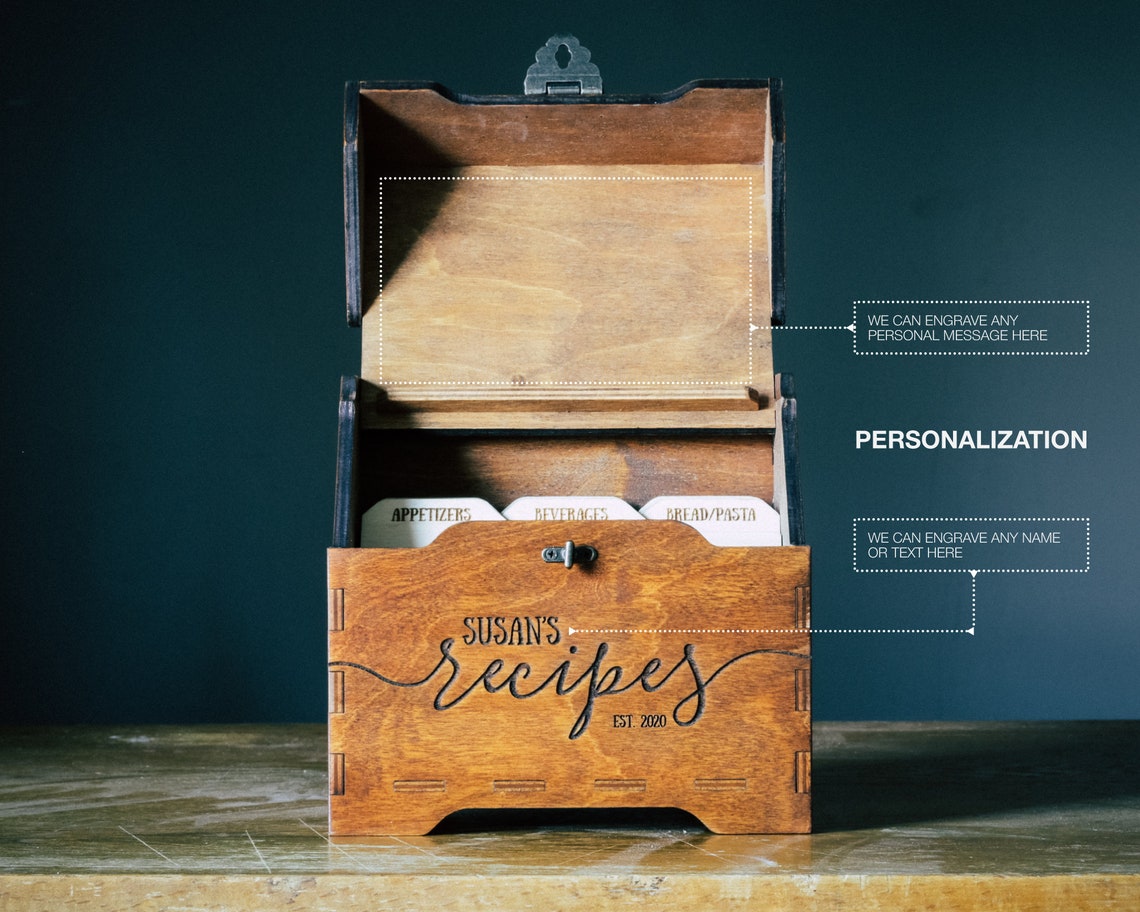 Recipe Box With Dividers Personalized Recipe Card Box Wood Etsy