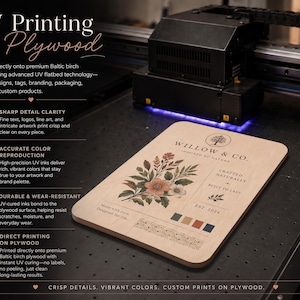 Advanced UV flatbed printer applying colorful floral artwork directly onto a wooden board with sharp detail and vibrant colors.