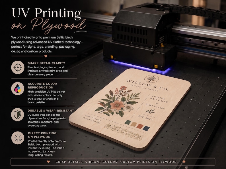 Advanced UV flatbed printer applying colorful floral artwork directly onto a wooden board with sharp detail and vibrant colors.