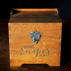 High-quality wooden recipe box with custom laser etching for wedding or family recipes