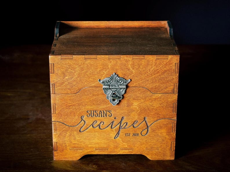 High-quality wooden recipe box with custom laser etching for wedding or family recipes