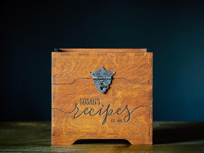 Recipe box with recipe card dividers, personalized wooden gift for bridal showers